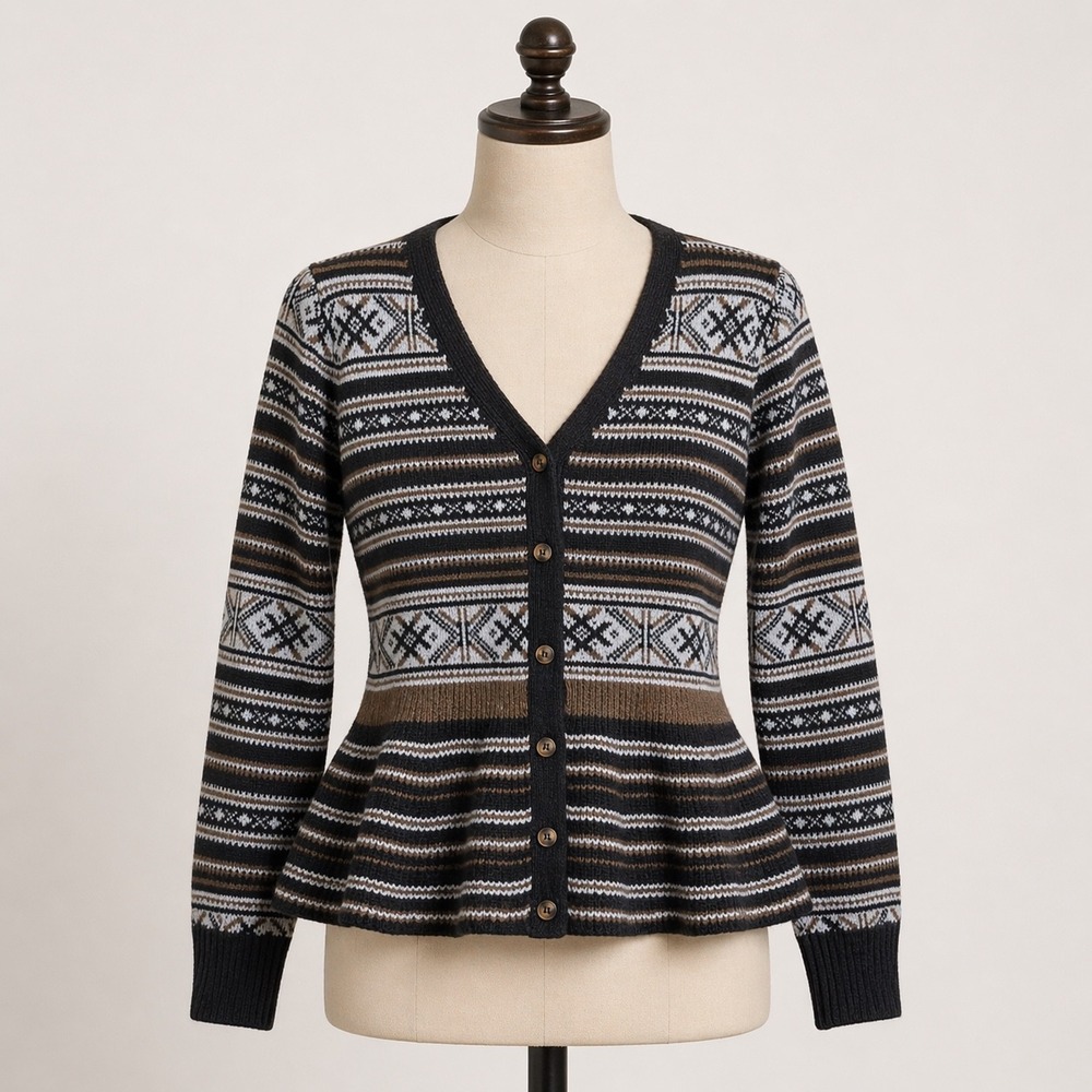 Verve Ami Womens Fair Isle Peplum Cardigan Sweater Black Brown XL V-Neck Knit - Picture 1 of 9